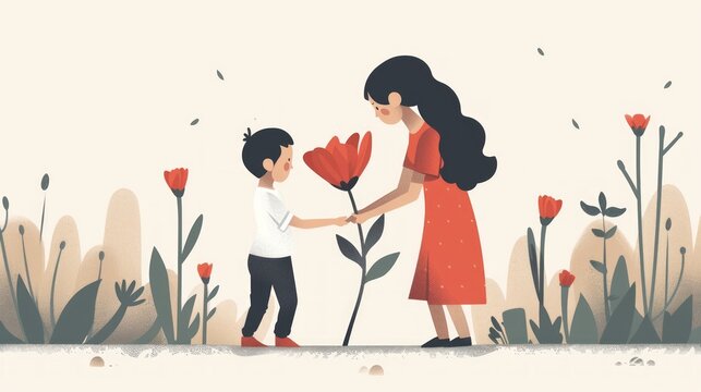 Little Boy Giving Flower to Mother on Mother's Day - Flat Style Illustration Generative AI
