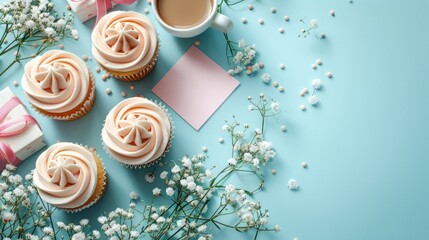 Mothers Day Pastel Cupcakes and Gifts Flat Lay Generative AI