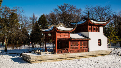 Montreal, Canada - January 5 2021: Chinese style pavillon in the Botanical Garden of Montreal