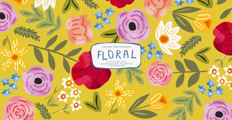 Floral greeting card. Vector cute modern trendy illustration of bright flowers, plants, pattern, leaves, peony, rose for invitation, poster, card, flyer, banner or background