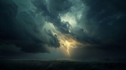 A dramatic thunderstorm over a plain, with lightning illuminating the sky