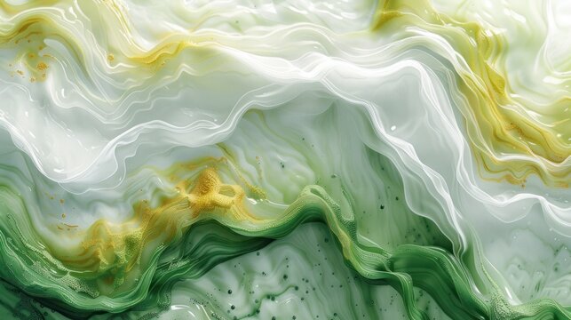  an abstract painting of green, yellow, and white swirls with a gold star in the middle of the center of the image on a white, green, yellow, green, yellow, white, and yellow, and white background.