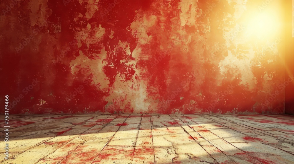 Poster an empty room with a grungy wall and a floor that has red paint all over it and a bright light comin