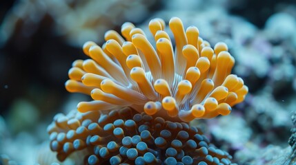 Naklejka na ściany i meble a close up of an orange and white sea anemone on a coral with other sea anemones on the bottom and bottom of the sea anemone.