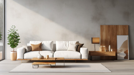 A modern living room with a white sofa, grey walls, and a minimalistic wooden storage unit 