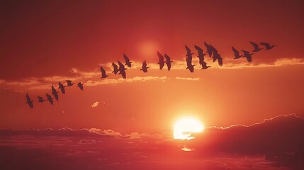 A flock of birds flying in a V formation across a sunset sky, representing migration and the natural world