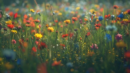 A field of wildflowers swaying gently in the breeze, with a variety of colors blending into a natural tapestry