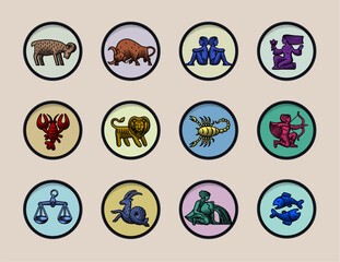 Set of icons with zodiac symbols in round classic frame drawn in vintage engraving style. Vector illustration