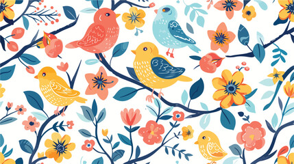 Bird and flower detailed kid seamless vector pattern