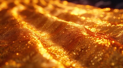  a close up of a gold cloth with a blurry image of the fabric in the foreground and the background blurry with a blurry image of the fabric in the foreground.