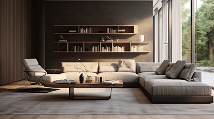 A modern living room with customizable furniture and unique textures