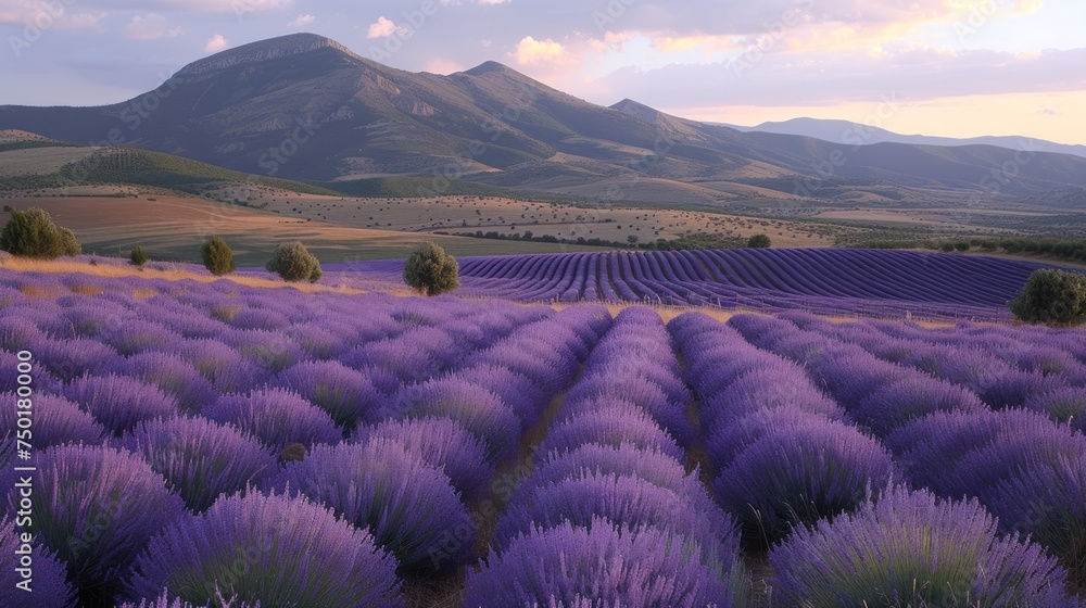 Poster  a large field of lavender flowers with a mountain range in the background of the photo in the distance, with trees in the foreground, and clouds in the foreground, and in the foreground.