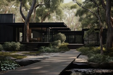 Modern entrance to the black minimalistic house. - 750180011