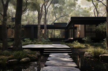 Modern entrance to the black minimalistic house. - 750180019