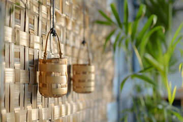 two wicker bamboo pots hanging on wicker bamboo wall, closeup with selective focus. Neural network generated image. Not based on any actual scene or pattern.