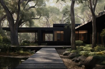 Modern entrance to the black minimalistic house. - 750180035