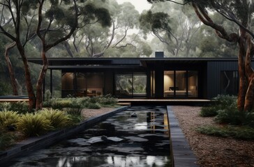 Modern entrance to the black minimalistic house. - 750180037