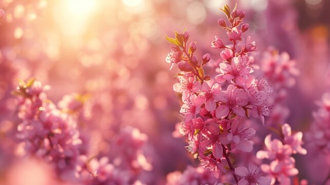  a bunch of pink flowers that are blooming on a tree in the sun shining through the leaves of the tree in the foreground is a blurry background.