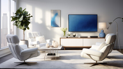 A modern living room with a sleek white entertainment center, augmented reality chairs, and a bright blue area rug