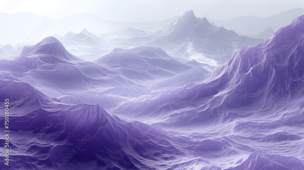 Poster  a computer generated image of a mountain range with purple mountains in the foreground and a foggy sky