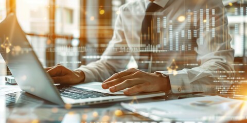 Analyzing Data: Businessman, Laptop, Graphs