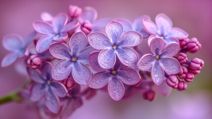  a close up of a bunch of pink and blue flowers on a stem with a blurry background of pink and purple flowers in the foreground, the foreground is a blurry image of the foreground.