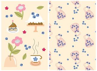 Print with isolated blueberries, cake, tea, flowers. Seamless pattern with blueberries and bag. Dessert sticker. Tea time and cake collection. Card with blueberry cake. Vector illustration.