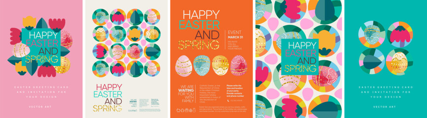 Happy easter! Vector illustration of geometric modern trendy abstract pattern, easter eggs, background, flowers and leaves for poster, flyer, greeting card or invitation - 750180477