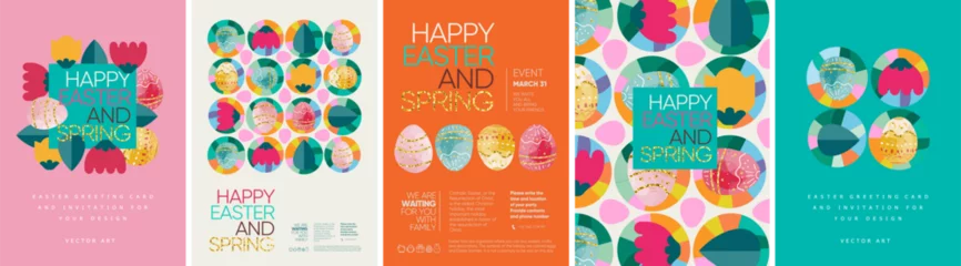 Fototapeten Happy easter! Vector illustration of geometric modern trendy abstract pattern, easter eggs, background, flowers and leaves for poster, flyer, greeting card or invitation © Ardea-studio