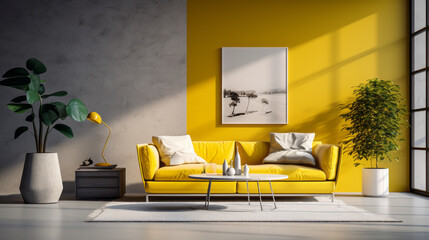 A modern living room with a chic yellow and white color block design on the walls
