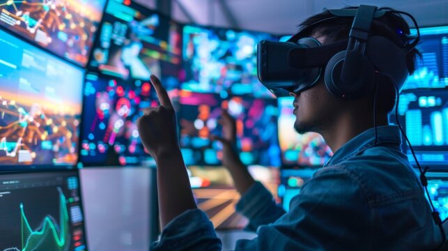 A passionate gamer is fully immersed in a virtual reality game, playing with a VR headset in a room filled with glowing screens.