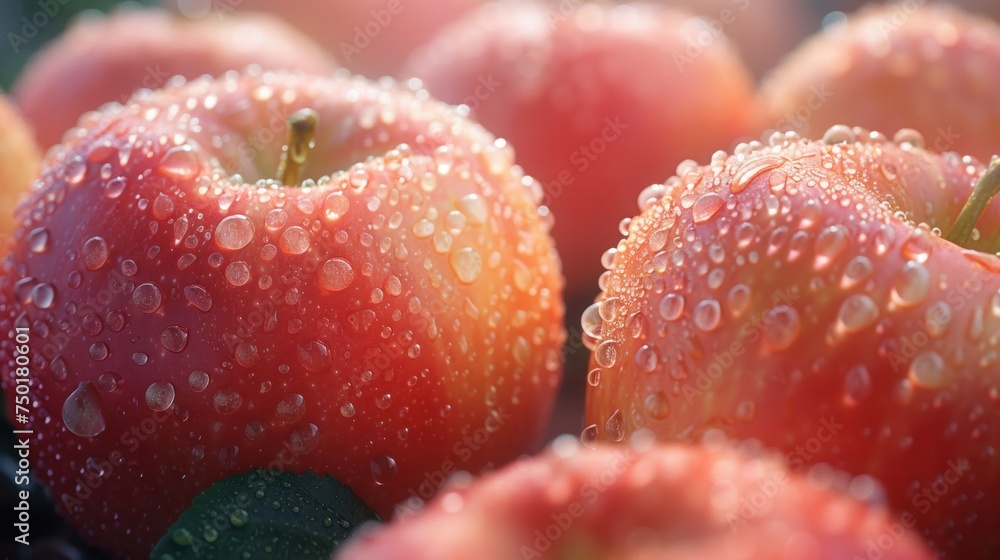 Poster  a close up of a bunch of red apples with drops of water on the outside of the apples and on the inside of the inside of the outside of the apples.