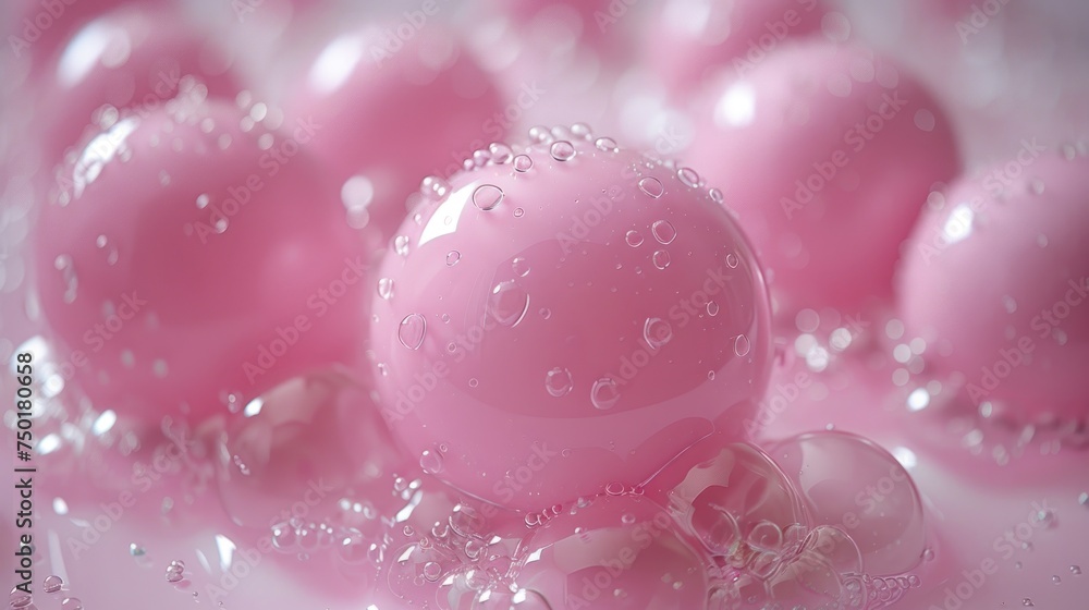 Poster a group of pink balls with water droplets on them and a pink background with bubbles on the bottom o