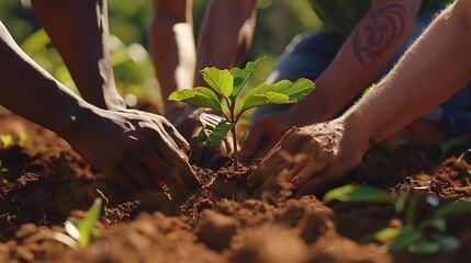 A group of diverse hands planting a young tree in rich soil