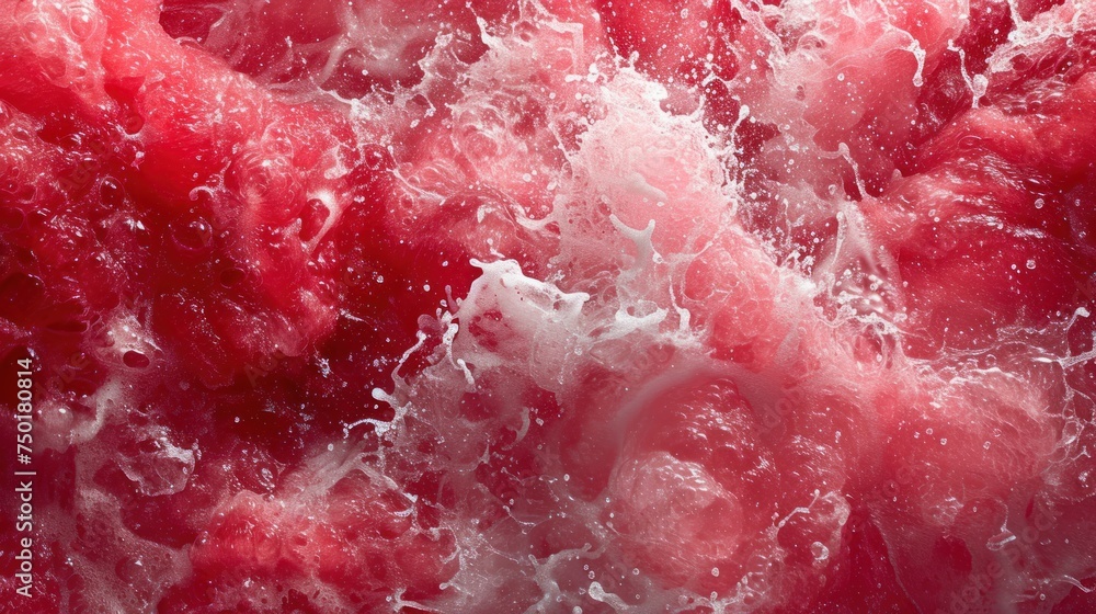 Poster a close up of a red fruit with water splashing on the top of it and on the bottom of the image is a 