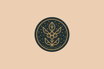 Logo template for a coffee shop or coffee house. Emblem with a coffee tree sprout in an elegant round frame. The concept of organic drinks. Vector illustration in a linear style.