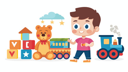 Boy with bear and train toys kids zone vector illust