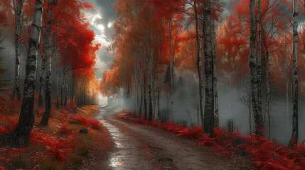 Foto op Canvas  a painting of a road in the middle of a forest with red trees on both sides of the road and dark clouds in the sky above the trees on a foggy day. © Nadia
