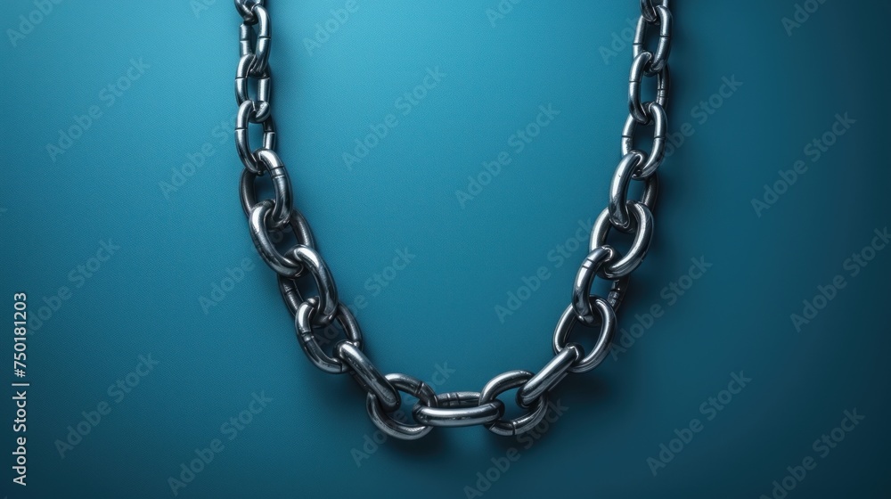 Poster a close up of a metal chain on a blue background with a clipping path to the top of the chain to the