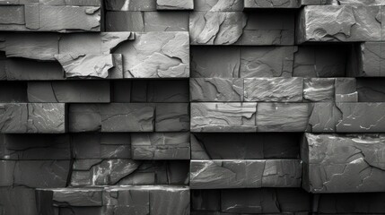  a black and white photo of a wall made out of blocks of concrete with a small patch of grass growing out of the top of the top of the block.