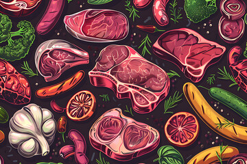 Naklejka premium Vibrant Pattern of Fresh Meats and Vegetables Illustration