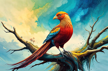 Colorful bird on a tree branch - obrazy, fototapety, plakaty