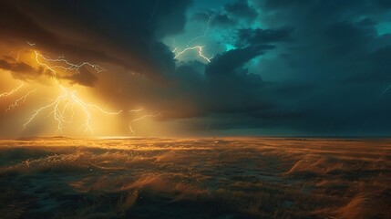 A lightning storm over the plains, with bolts illuminating the sky and the ground, showcasing nature's power