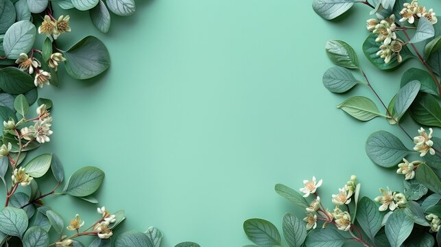  a bunch of green leaves and flowers on a light green background with a place for a text or an image to put on a card or postcard or brochure.