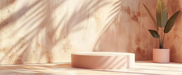 Natural and minimalist product staging background with earthy tones and tropical plant.