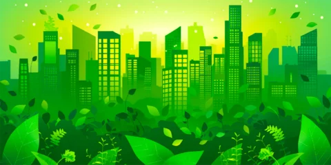 Foto op Canvas Green City landscape with buildings, hills and trees. Eco and green energy concept. © sarymsakov.com
