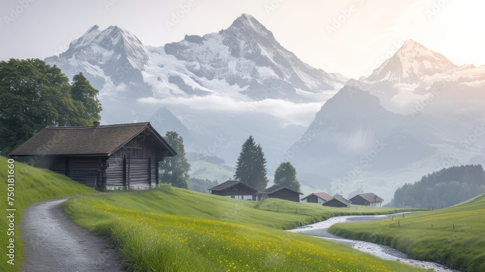 Poster  a small cabin in the middle of a grassy field with a stream running between it and a mountain range in the distance with snow - capped peaks in the distance.