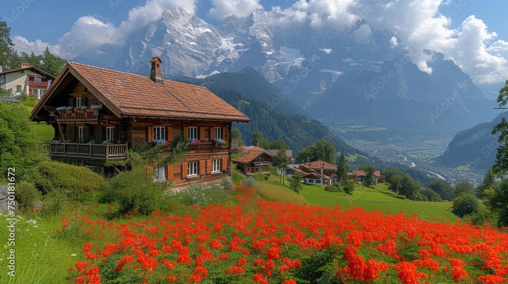 Poster a house in the middle of a field of flowers with a mountain range in the backgrouf of the house in t
