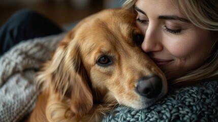 Woman gently resting head on golden retriever's forehead. Intimate indoor setting with warm tones. Human-animal bond concept. Design for greeting card, postcard. Close-up portrait with place for text