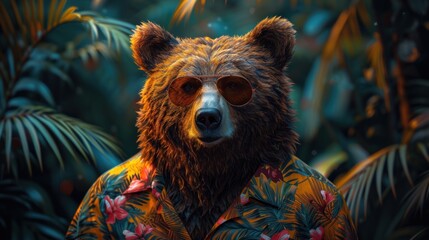 Fototapeta premium a close up of a bear wearing a shirt with flowers on it's chest and sunglasses on it's head, in front of a background of palm trees and foliage.